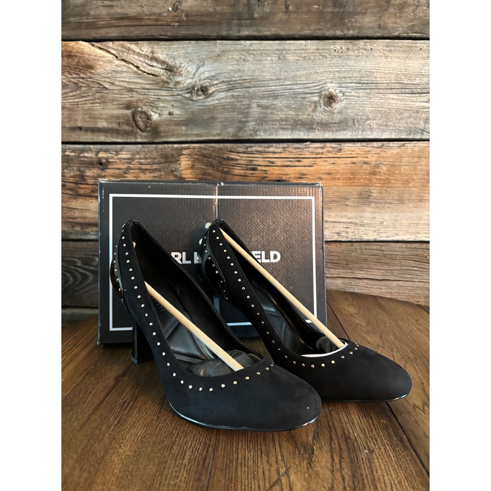 Karl Lagerfeld Paris Dakira High Pump Black Suede Patent Pearl Studded‎ Heels 10